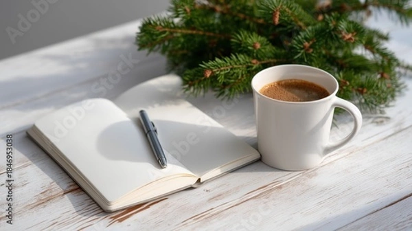 Obraz Morning Coffee and Journal on White Wooden Table with Pine Branches