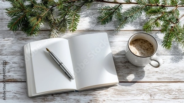 Obraz Winter Workspace with Open Notebook and Coffee on Wood