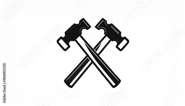 Fototapeta Simple graphic icon of two crossed hammers, symbolizing manual labor, construction, industry, craftsmanship, and strength. A versatile emblem for tool-related designs and hard work concepts