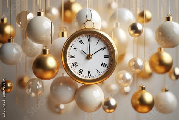 Obraz New Year's Eve Clock Countdown Surrounded by Gold and White Ornaments