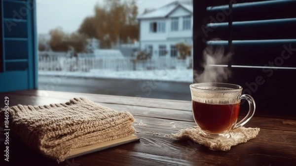 Obraz Cozy Winter Scene: Hot Tea and Book by the Window