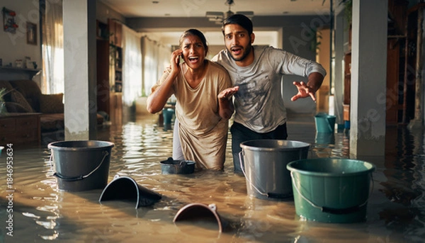 Fototapeta Shocked young couple stands distressed in their flooded living room, overwhelmed by the sudden deluge of water causing significant damage and an unexpected household emergency