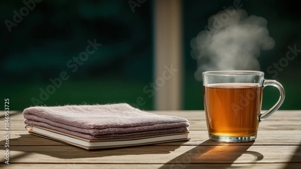Obraz Steaming Hot Tea Cup and Notebook on Wooden Table