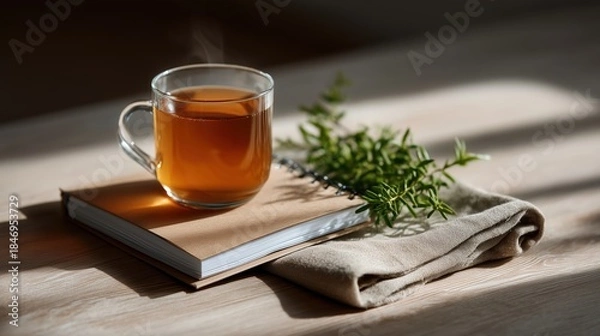 Obraz Warm Herbal Tea and Notebook on Wooden Table with Sunlight