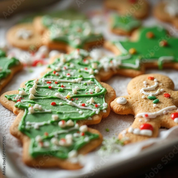 Obraz Brightly Decorated Christmas Tree and Gingerbread Cookies with Icing