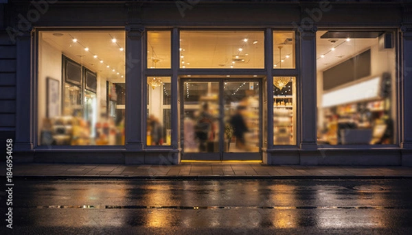 Fototapeta Illuminated storefront windows radiate a soft glow onto a wet city street at twilight, creating a captivating reflection and an inviting urban night atmosphere