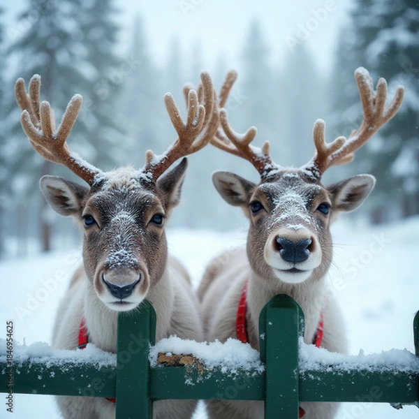 Obraz Close-up Portrait of Two Reindeer Standing in Snowy Winter Forest