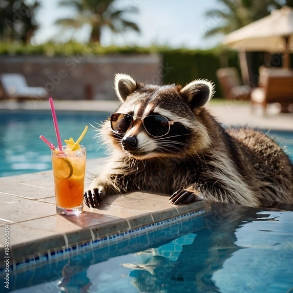Obraz Raccoon enjoys a cocktail while cooling off in the pool