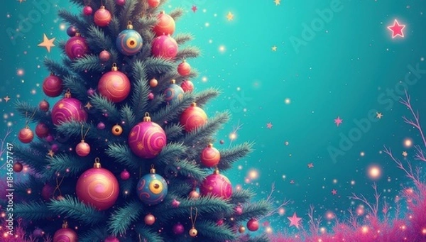Fototapeta Vibrant christmas tree with decorations