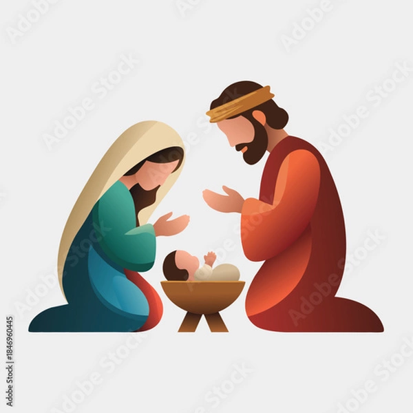 Fototapeta Traditional christmas nativity scene in vector format, depicting mary, joseph, baby jesus in the manger, for modern christmas or religious design