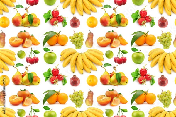 Obraz Big Seamless Pattern. Assorted Fresh Fruits Isolated on White Including Bananas, Persimmons, Pears, Oranges, Grapes, Apples, Cherries, Strawberries and Pomegranate in a Clean Studio Composition