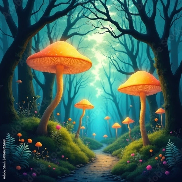 Obraz Enchanted forest path with luminous mushrooms