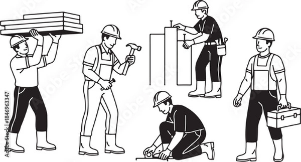 Fototapeta Construction Worker Illustration Set — Professional Builders Carrying Materials, Using Tools and Performing Industrial Labor in Clean Line Art Style