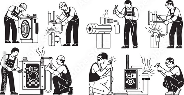 Fototapeta Professional Electrician Work Illustration Set — Skilled Technicians Installing, Repairing and Testing Electrical Panels, Wiring and Industrial Equipment in Line Art Style