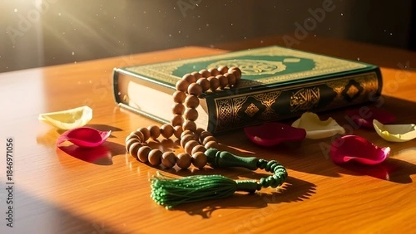 Obraz Islamic Holy Book Quran and Prayer Beads with Rose Petals and Sunlight rosary tasbih