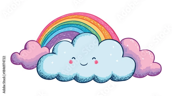 Obraz Cheerful Cartoon Cloud with Rainbow Smiling - Vector Illustration