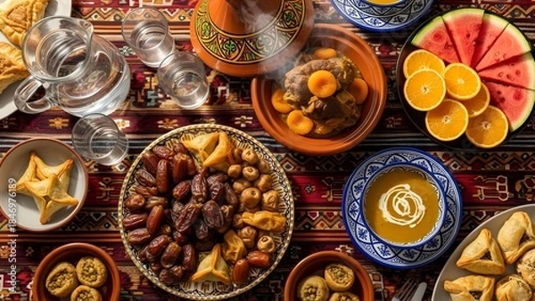 Obraz Overhead view of a Moroccan Iftar table laden with dates, pastries, fruit, and tagine