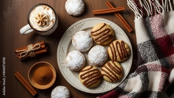 Obraz Overhead View of Holiday Cookies, Hot Chocolate and Cinnamon Sticks Keywords: cookies, holiday, Christmas, festive, baking, sweet, dessert, treat