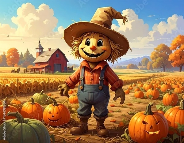 Obraz Smiling Scarecrow in a Pumpkin Patch.