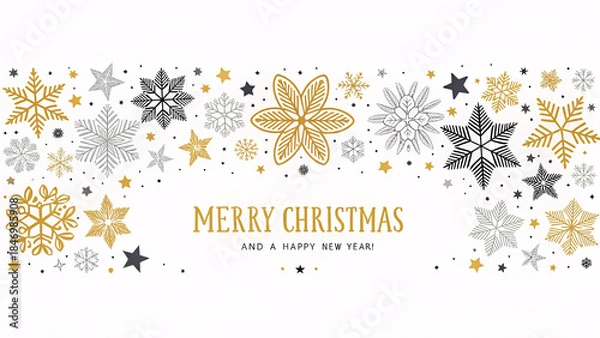 Fototapeta Merry Christmas and Happy New Year Elegant Snowflake Banner in Gold Black and White Holiday Design