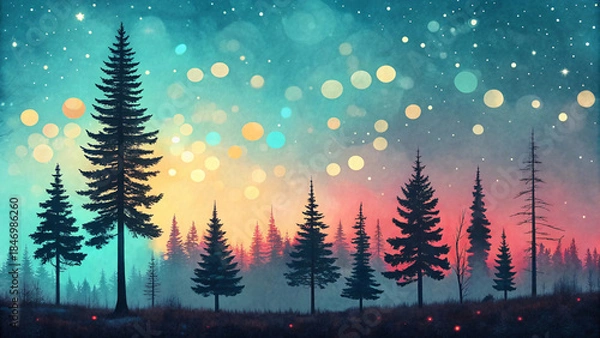 Fototapeta Ethereal Winter Forest at Twilight with Colorful Bokeh Lights – Magical Nature Background Illustration