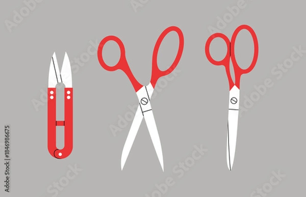 Fototapeta Fabric scissors set on a grey background, vector illustration.