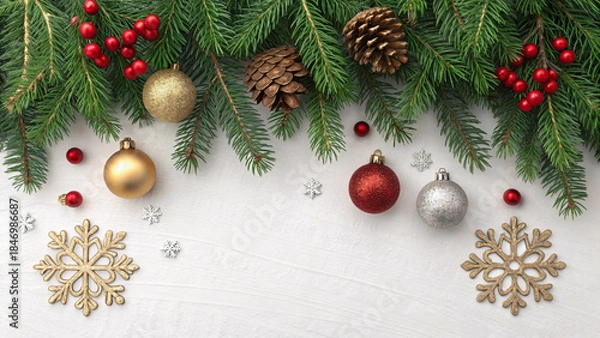 Fototapeta Christmas Evergreen Border with Pine Branches, Ornaments, Snowflakes and Copy Space Background