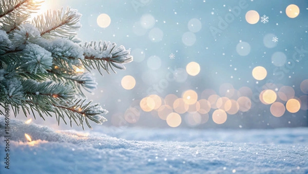 Fototapeta Winter Snow Background with Frosted Pine Branch Soft Bokeh Lights and Falling Snowflakes