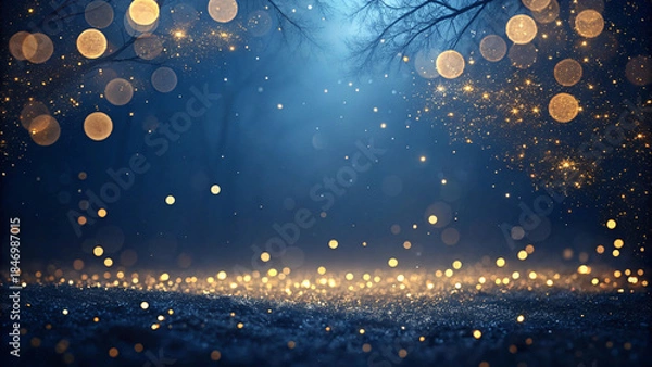 Fototapeta Dark Blue Bokeh Background with Golden Sparkles and Magical Night Light Effect