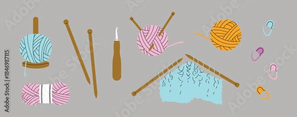 Fototapeta Knitting equipment set on a grey background, vector illustration.