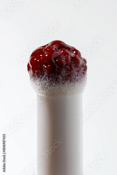 Obraz An elegant beauty product close-up: a clear applicator tip heavily coated in a glossy, deep red gloss. The thick texture and reflective sheen emphasize a dewy, plump, and high-impact finish.