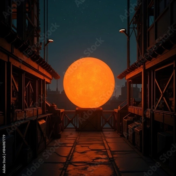 Obraz A glowing orange sphere dominates the industrial walkway at twilight