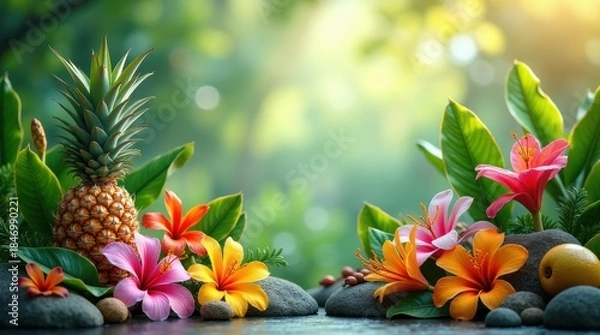 Obraz Serene tropical arrangement featuring fresh pineapple and colorful hibiscus flowers
