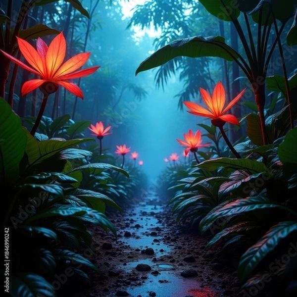 Obraz Enchanted forest path illuminated by glowing red and orange magical blossoms at night