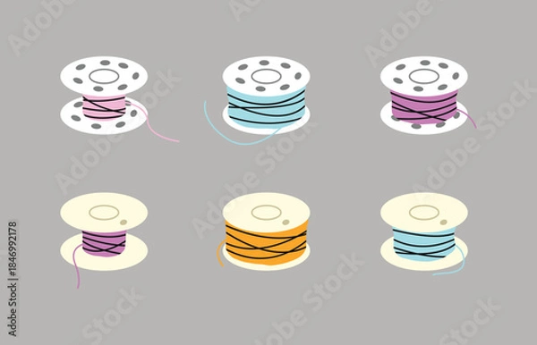 Fototapeta Sewing bobbin set on a grey background, vector illustration.
