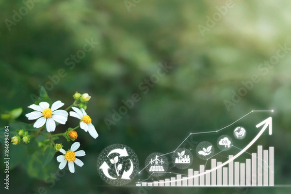 Obraz Soft green nature background with Sustainable ESG Growth Concept, environmental symbols and rising growth chart, suitable for sustainability reports and corporate ESG strategy.