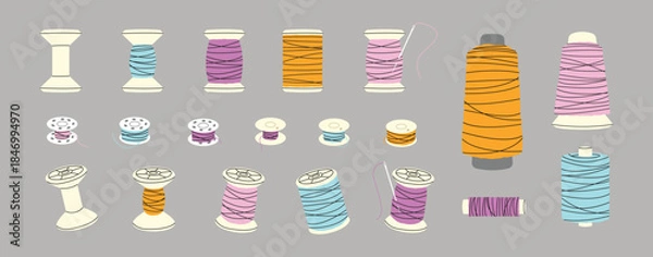 Fototapeta Thread and yarn set on a grey background, vector illustration.