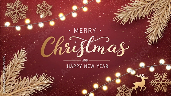 Fototapeta Merry Christmas and Happy New Year Red Holiday Background with Golden Lights and Festive Decorations