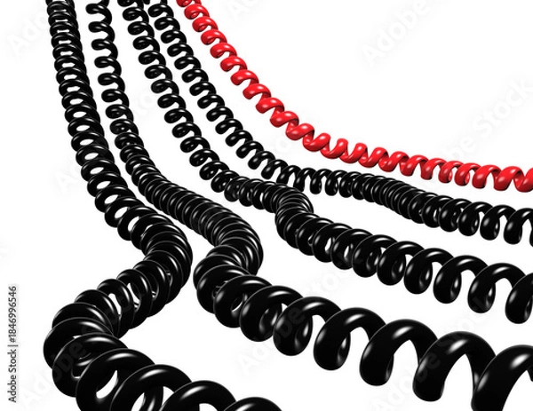 Obraz Teléfono rotativo rojo en 3D con cable enrollado, superficie brillante y sombra sobre fondo transparente. comunicación, encanto retro y reinterpretación moderna