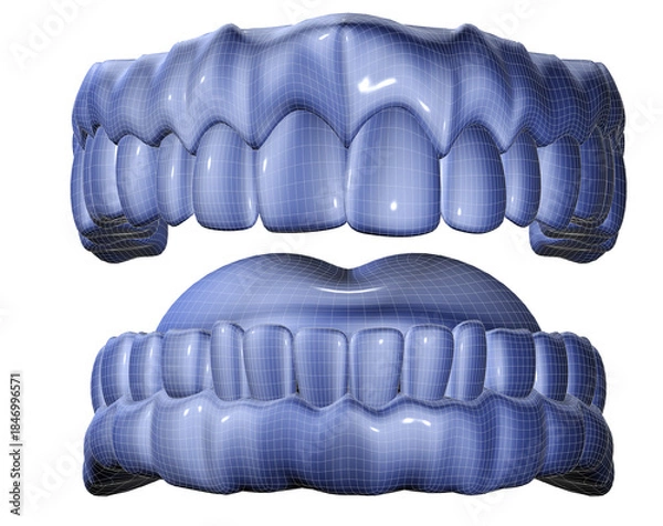 Obraz Renderizado digital 3D de dientes superiores e inferiores humanos con superficie brillante y malla superpuesta.precisión y claridad anatómica, simbolizando estructura dental, simulación