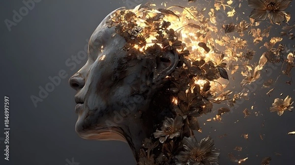 Fototapeta human head opening like a blooming flower, soft golden light emerging, symbol of self-awareness and mental awakening, cinematic fine art, 
