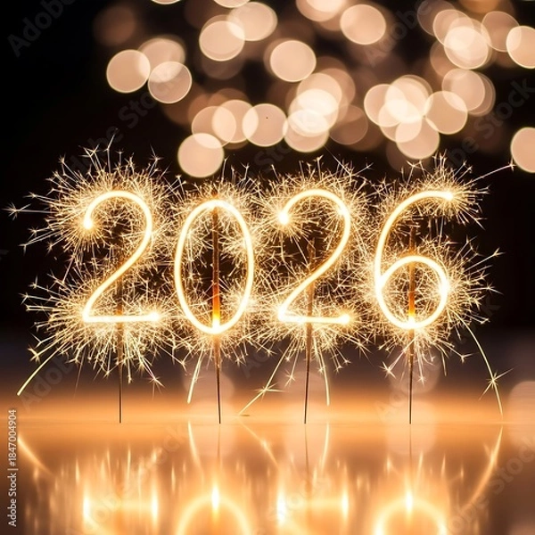 Fototapeta 2026 written with sparklers against bokeh lights new year