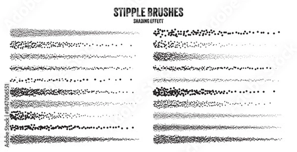 Obraz Ink scatter brush, stipple drawing and texturing. Fading gradient. Stippling, dotwork drawing, shading using dots. Halftone disintegration effect. White noise grainy texture. Vector illustration