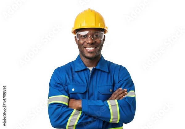 Fototapeta Confident construction worker posing isolated on transparent background