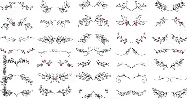 Obraz Hand-Drawn Holly and Berry Dividers Set, Christmas Sketched Wreaths, Line Art Winter Flourishes, and Decorative Nature Border Elements.