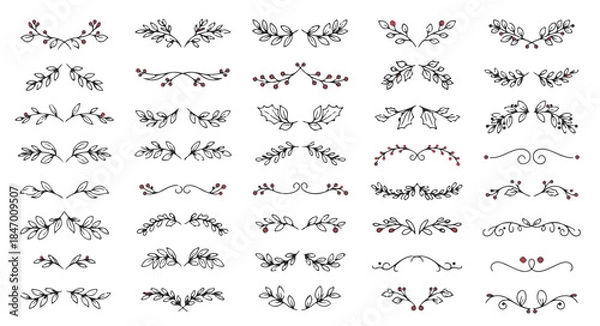 Obraz Hand-Drawn Floral Dividers and Ornaments Set, Vector Sketched Flourishes, Berry Wreaths, and Nature Borders for Invitation Design and Decoration.
