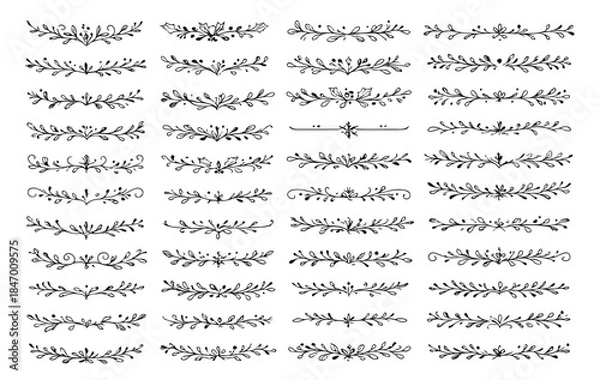 Obraz Hand Drawn Doodle Dividers Set. Botanical Flourish Ornaments, Vintage Floral Borders, and Wreath Elements for Design