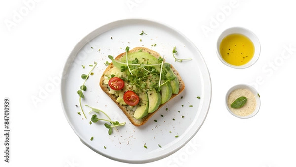 Fototapeta Healthy Avocado Toast with Cherry Tomatoes and Microgreens on White Plate