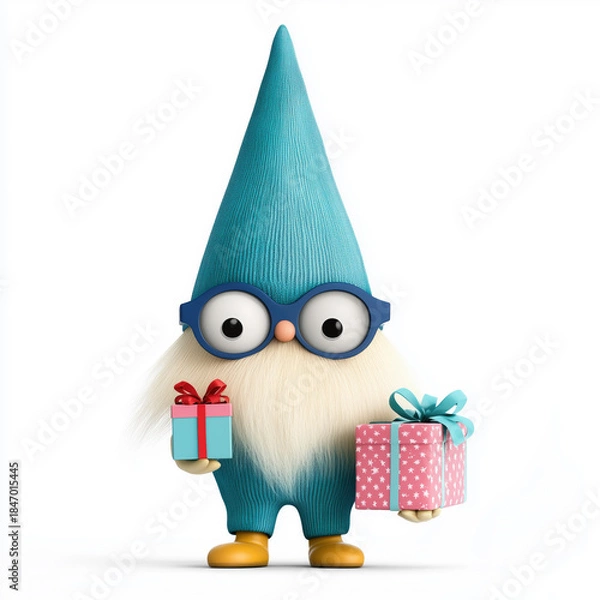 Obraz Blue gnome is holding a pink and blue gift box