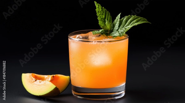 Obraz Orange drink with mint leaves and cantaloupe slice in glass with ice isolated on black background